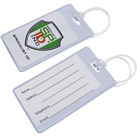 25 Pack - Backpack ID Luggage Tags for Student Identification & Business Cards - School Name Badge Holder for Backpacks - Sturdy Plastic Suitcase Tags/Clear Window by Specialist ID (White)