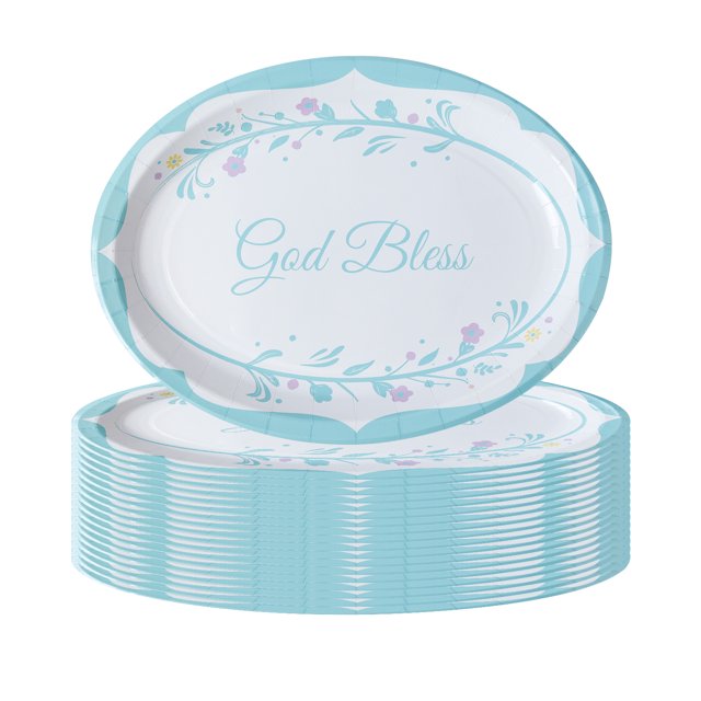 25 Pack Big Baptism Plates, 12 inch Blue Religious God Bless Paper
