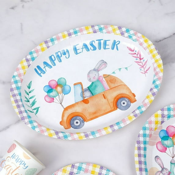 25 Pack Big Easter Plates,12 inch Happy Easter Bunny Oval Disposable Paper Dinner Dessert Plates Tableware Party Supplies