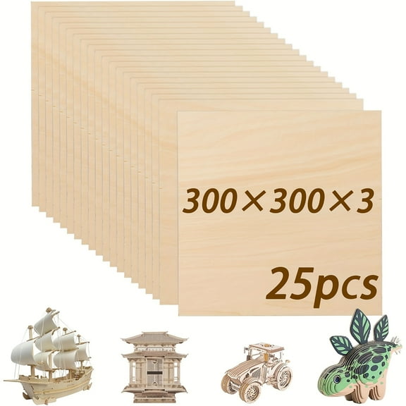 25-Pack Birch Plywood Boards - 300x300x3mm Smooth Craft Wood | Laser Cutting & Wood Burning Projects | Model Making for Architecture/Cars