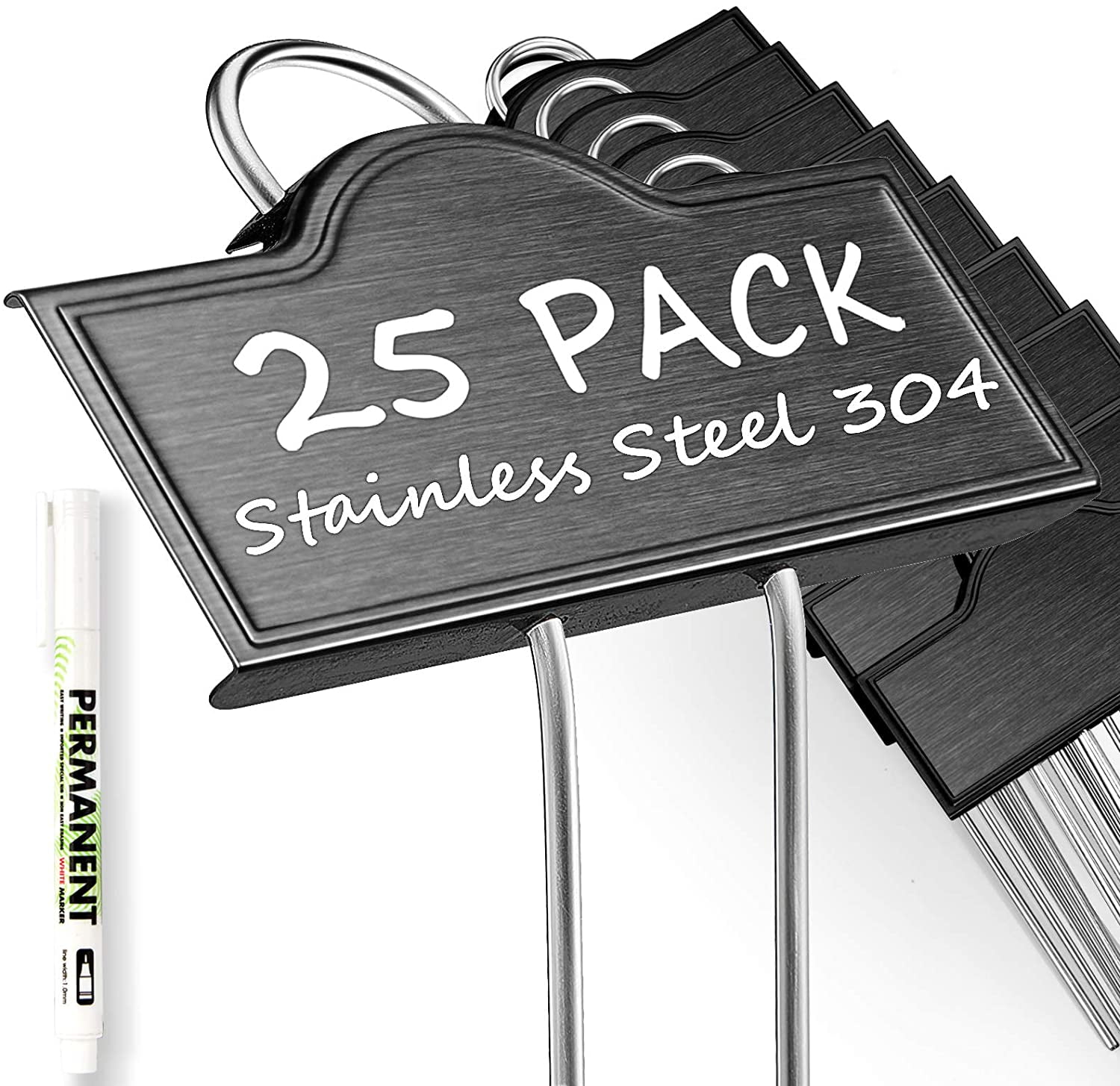 25 Pack Black Metal Garden Marker Plant Labels with White Paint Pen 