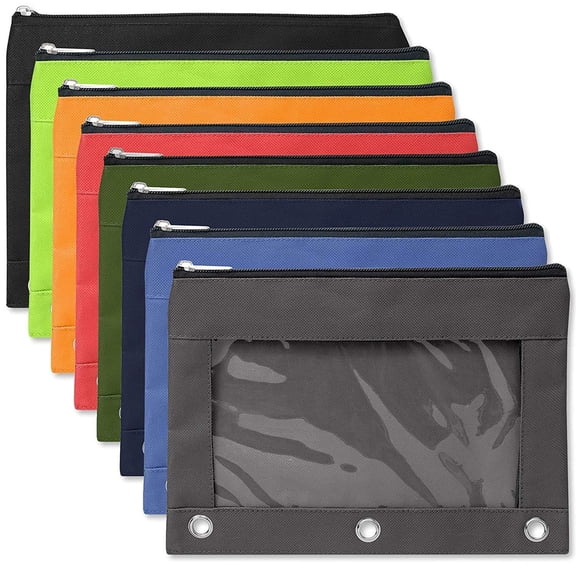 25 Pack of Bulk Wholesale 3 Ring Binder Clear Window Zippered Pencil Cases for Pens, Pencils, Markers, Scissors, Sharpeners, Erasers & More in 8 Assorted Colors