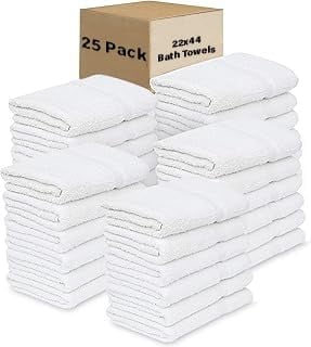 25 Pack of Bulk Wholesale 44”L x 22”W Quick Dry Machine Washable Bath Towels for Home, Dorm, Hotel, Gym, Pool, Spa, Pets, and Charity Donation in White