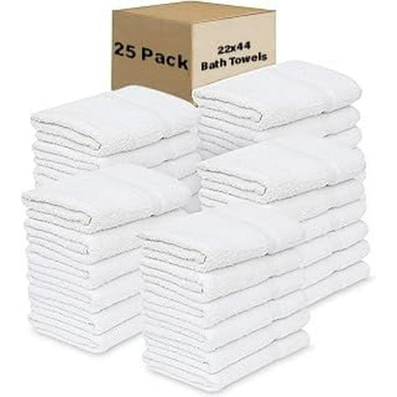 25 Pack of Bulk Wholesale 44L x 22W Quick Dry Machine Washable Bath Towels for Home, Dorm, Hotel, Gym, Pool, Spa, Pets, and Charity Donation in White