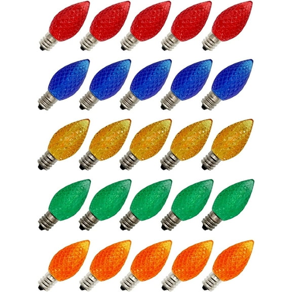 25 Pack C7 Faceted LED Multicolor Replacement Light Bulbs for Christmas Strings, 0.7W LED Vintage Light Bulbs for C7 Outdoor String Lights, Candle Lamps, Night Lights, E12 Candelabra Base