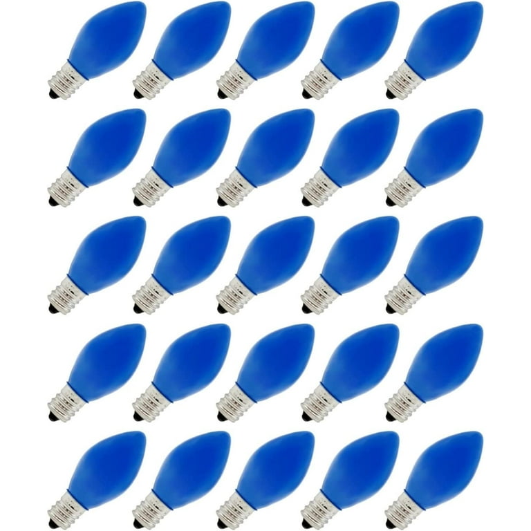 Creative Hobbies 25 Pack C7 LED Blue Replacement Light Bulbs for Christmas Light Strings 0.7W Ceramic LED Vintage Light Bulbs for C7 Outdoor String Lights Candle