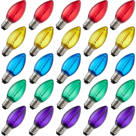 25 Pack C7 LED Replacement Light Bulb,Shatterproof,Waterproof,Plastic Led Bulbs for Christmas Indoor Outdoor String Lights,E12 Base Multi-Colored