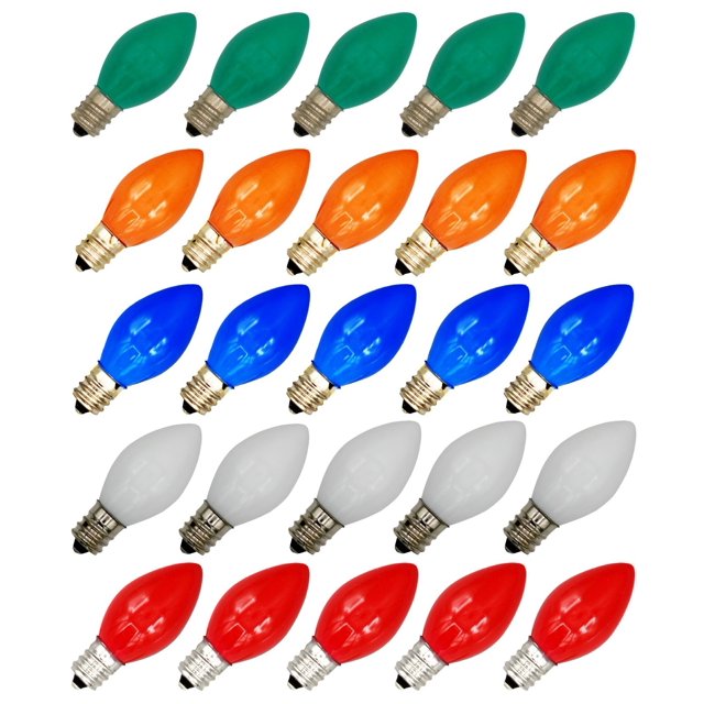 25 Pack C7 Multicolor Christmas Replacement Light Bulbs C7, Steady