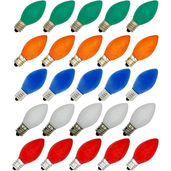 25 Pack C7 Multicolor Christmas Replacement Light Bulbs - C7, Steady Burning - Ceramic Multicolor - 7 Watt, Extended Life, Nickel Plated Candelabra Base - Great for Christmas Lights, Decorative Lights