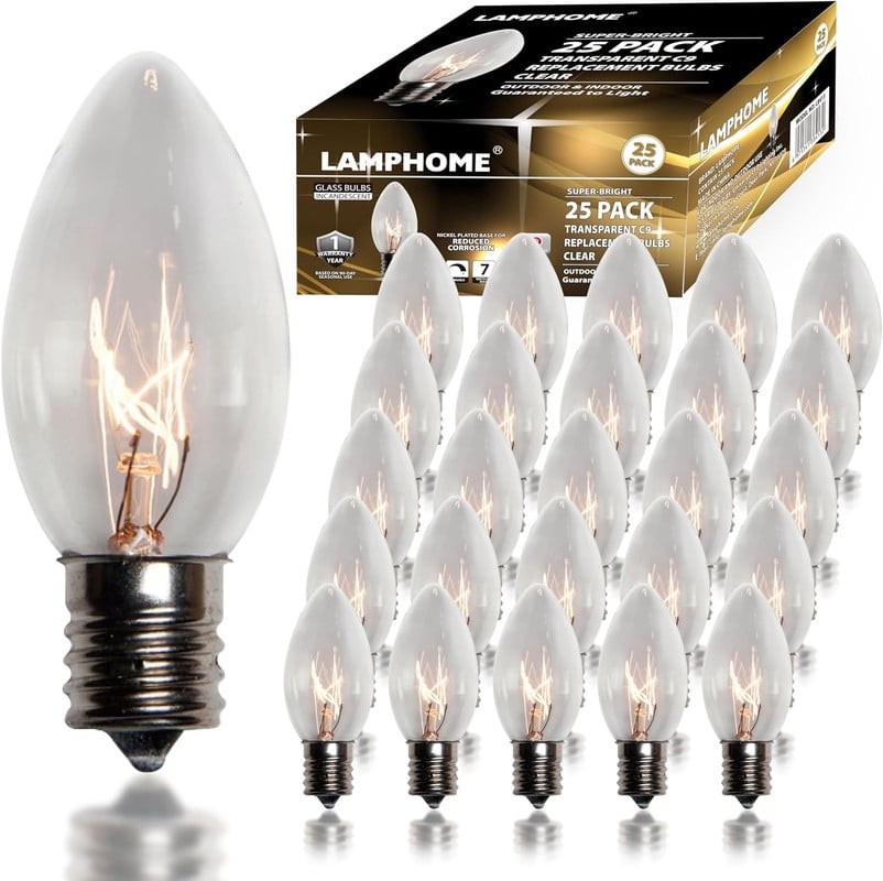 25 Pack C9 Bulbs Incandescent Light Bulbs, Christmas C9 Replacement Bulbs for Christmas String Light, E17 Intermediate Base, Clear