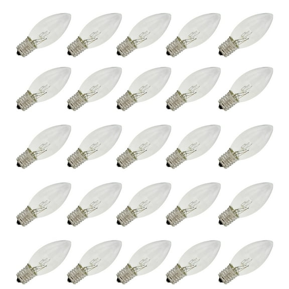 25 Pack C9 Clear Replacement Bulbs for Christmas Lights, E17 C9 Intermediate Base, 7 Watt, Cool White, Transparent, Cool White