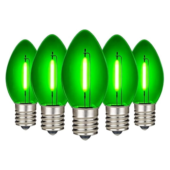 25 Pack C9 LED Filament Bulbs, Green Shatterproof Plastic Replacement Christmas Lights, E17 Base for Indoor/Outdoor Strings, Dimmable, 0.6W 10,000 Hour Life