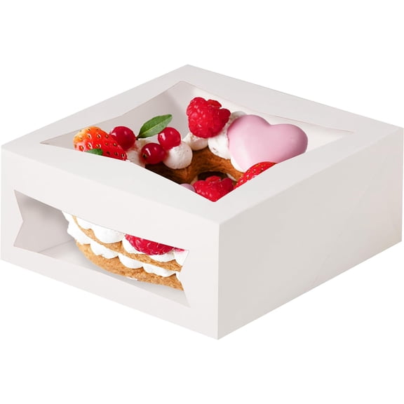 25 Pack Cake Boxes with Window 8 x 8 x 4 Inches Auto Pop-Up White Bakery Containers for Dessert, Cookies and Pastries, Treat Boxes Gift Packaging Boxes for Valentine's Day, Christmas