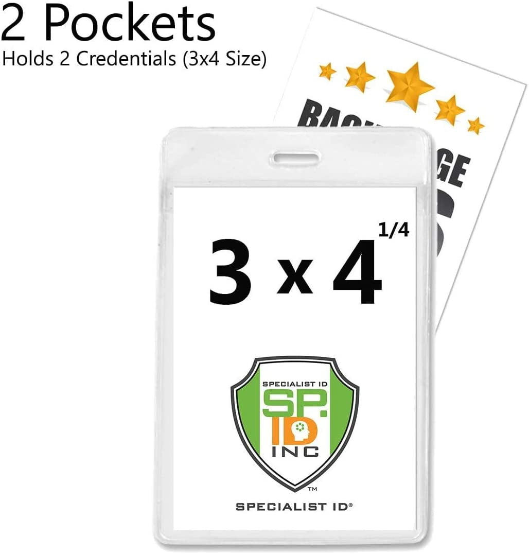 25 Pack - Clear 3 X 4 Badge Holder w/ 2 Pockets - Heavy Duty Vertical Vinyl ID Card Protector Sleeves w/Front & Back Window Pouches for Two I’d - Trade Show, Immunization Card & More by Specialist ID