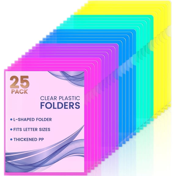 25 Pack Clear Document Folder Project Pockets, Clear Plastic Folders Letter Size Plastic Document Folders Paper Poly Jacket Sleeves Folders Copy, 5 Assorted Colors
