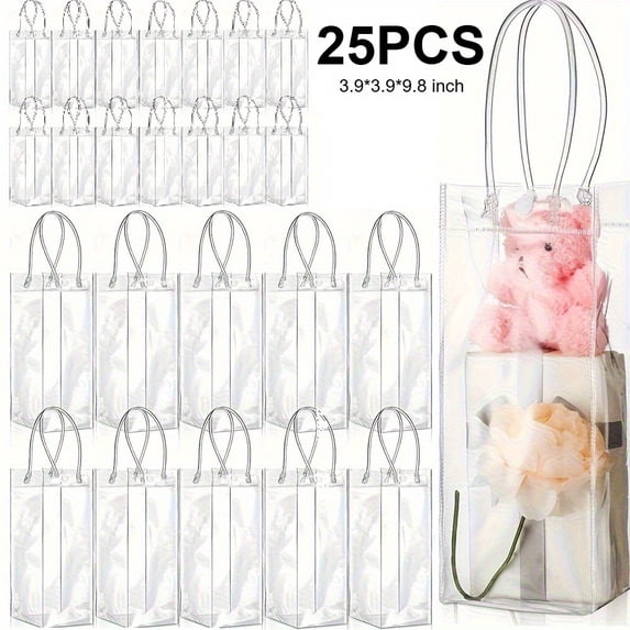 25Pcs Clear Gift Bags With Handles PVC Transparent Tote Packaging for Wedding Party Favor Retail Display