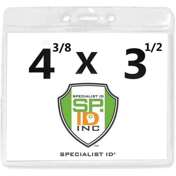 25 Pack - Clear Name Badge Holder 4x3 - Heavy Duty Extra Large 4 3/8 x 3 1/2 Plastic Horizontal Name Tag Sleeve for Conference, Trade Show Exhibitor Events by Specialist ID