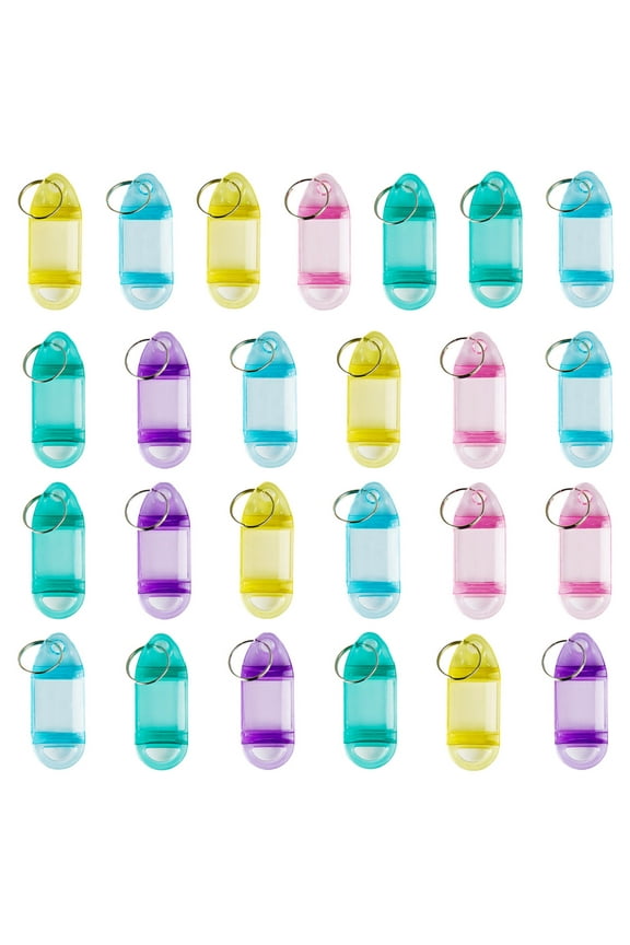 25 Pack Clear Tough Plastic Key Tags with Push Pull Split Ring Label Window Assorted Colors