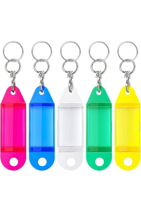25 Pack Crystal Clear Tough Plastic Key Tags with Swivel Split Ring Label Window Assorted Colors