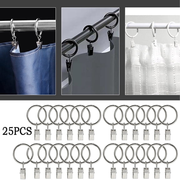 25 Pack Curtain Rings with Clips Hooks, Rustproof Stainless Steel Drapery Rings for Tension Rod Bracket Eyelets Hangers