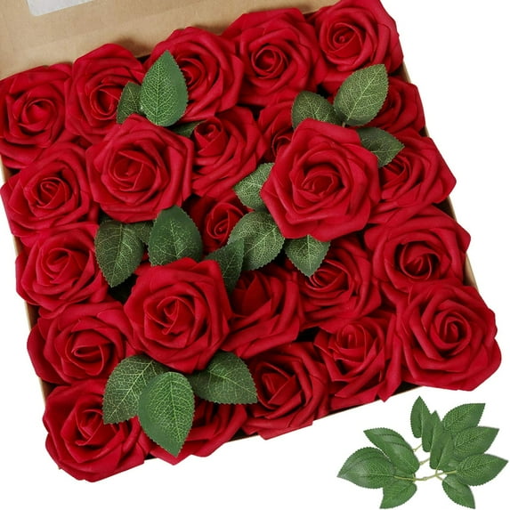 25-Pack Dark Red Artificial Roses with Stems - Realistic PE Foam Flowers for DIY Bouquets and Home Decor