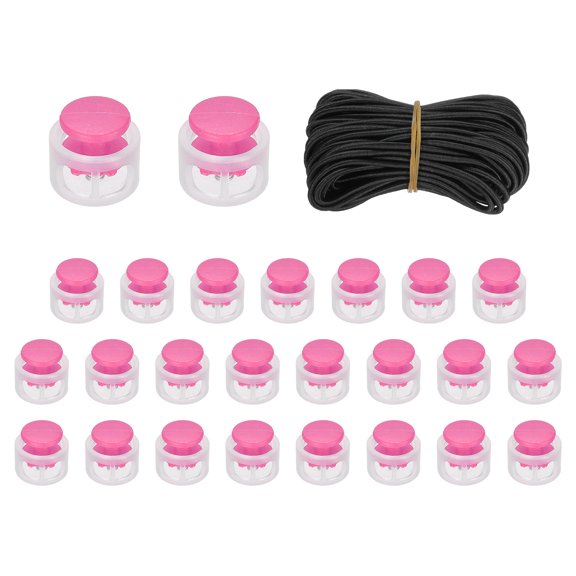 25 Pack Double Hole Cord Locks with 32.8 ft Elastic Cord, 14mm Nylon Spring Toggle Stopper Clip for Backpack Shoelaces Drawstring Paracord Pants, Rose Red