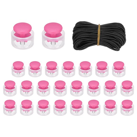 25 Pack Double Hole Cord Locks with 32.8 ft Elastic Cord, 17mm Nylon Spring Toggle Stopper Clip for Backpack Shoelaces Drawstring Paracord Pants, Rose Red