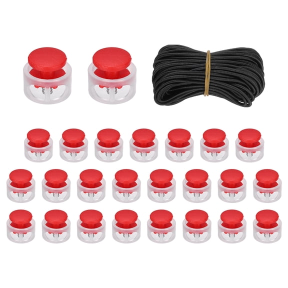 25 Pack Double Hole Cord Locks with 32.8 ft Elastic Cord, 17mm Nylon Spring Toggle Stopper Clip for Backpack Shoelaces Drawstring Paracord Pants, Red