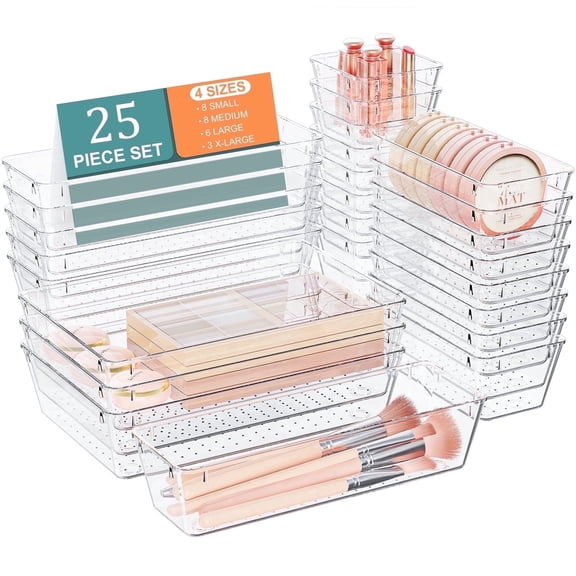 Acztne 25 PCS Plastic Drawer Organizers Set, 4 Size Clear Vanity Organizer, Stackable Desk Organizers for Cosmetics, Jewelry, Utensils, pencils in Bedroom, Bathroom, Kitchen