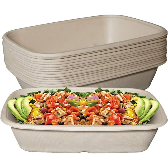 (25 Pack) EcoQuality 29oz Disposable Bowls - Rectangular Compostable Sugarcane Fiber Biodegradable Paper Bowls Eco-Friendly Oblong Take Out Food Containers, Food Storage, Microwave Safe, Meal Prep