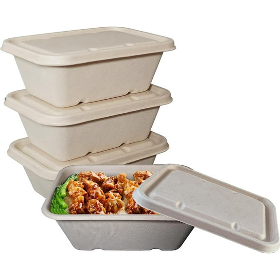 (25 Pack) EcoQuality 34oz Disposable Bowls with Fiber Lids - Rectangular Compostable Sugarcane Fiber Biodegradable Paper Bowls Eco-Friendly Take Out Food Storage Containers, Microwave Safe, Meal Prep