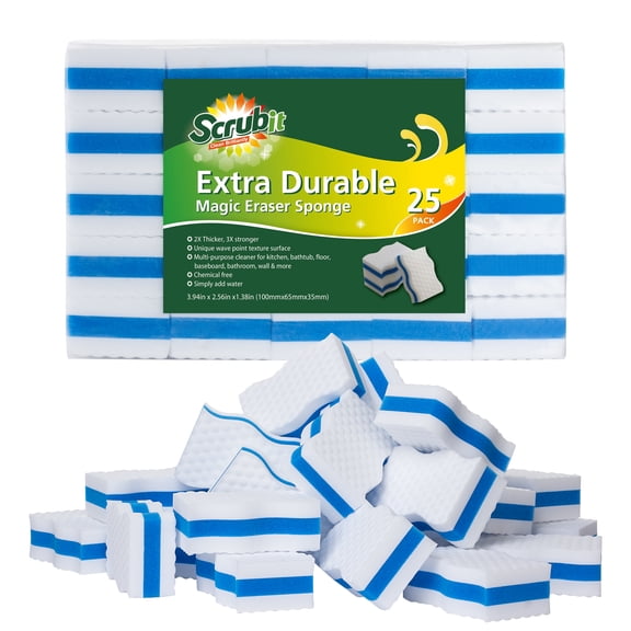 (25 Pack) Extra Durable Eraser Sponge by SCRUBIT - Kitchen, Bathroom, Floor & Wall Cleaner -Melamine Magic Cleaning Sponges - Extra Thick Erasers, Best Cleaning Supplies for The Toughest Stains & Dirt