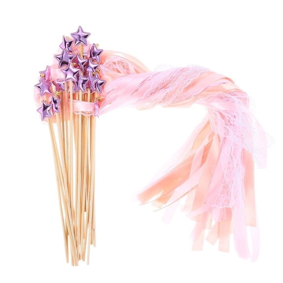 25 Pack Fairy Wands, Ribbon Lace Fairy Wands with Bells, Decorative Silk Stick with Streamers for Wedding Birthday Party, Pretty Pentagram Ribbon for Girls