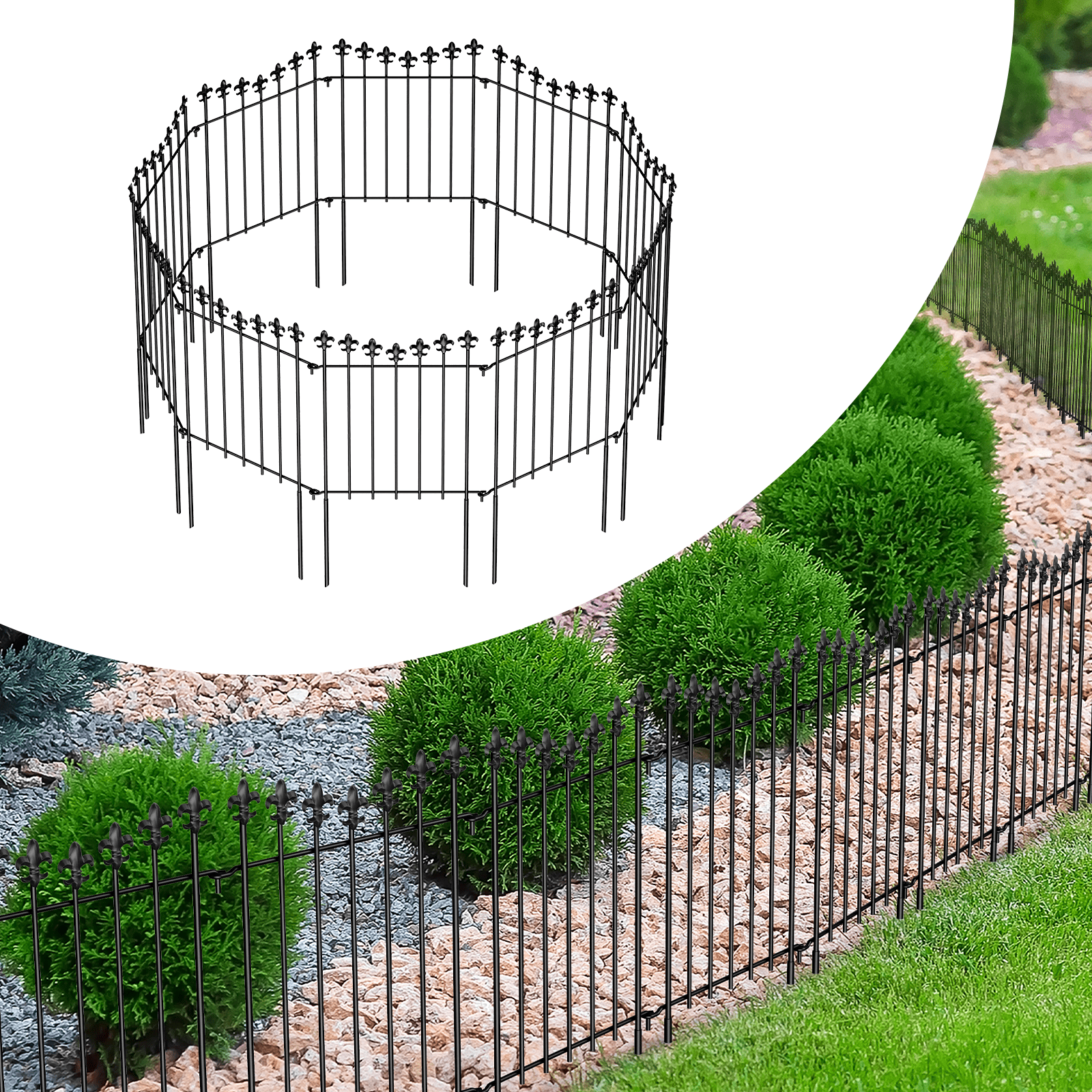25-Pack Fleur-de-Lis Decorative Garden Fence 25FT Total Length, 24in×12.6in Black Metal Animal Barrier for Yard Patio Flower Bed