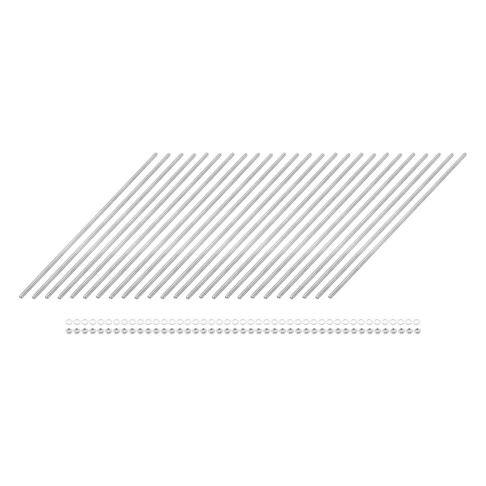 25 Pack Fully Threaded Rod, M3 x 150mm 201 Stainless Steel Right Hand Threads Rods with Nuts and Flat Washer