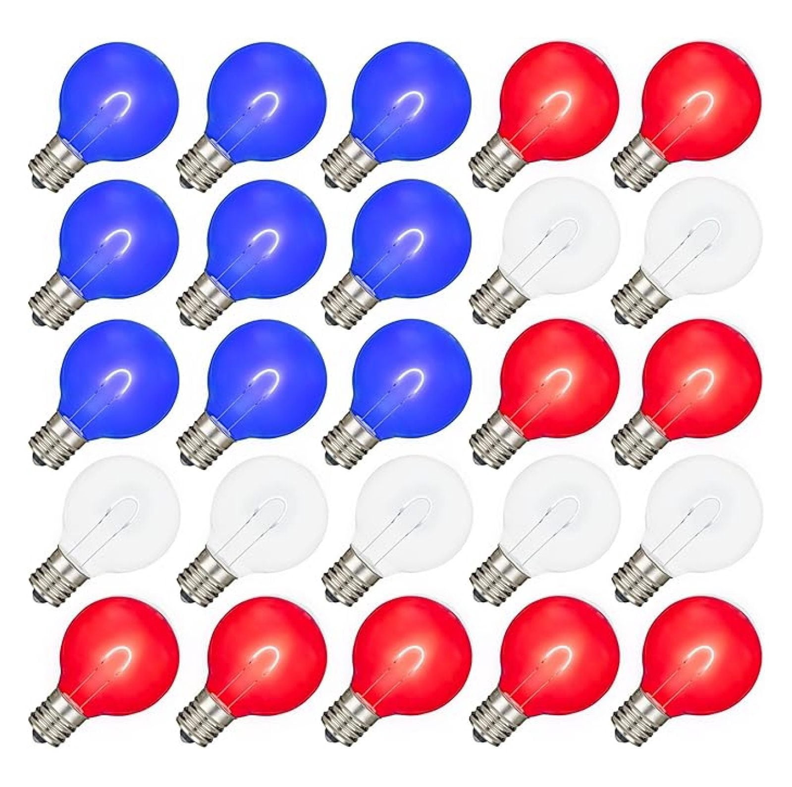 25 Pack G40 LED Glass Flex Filament Outdoor Patio Globe Replacement Bulbs, Red/White/Blue, Dimmable, E12/C7 Base, 0.8 Watt