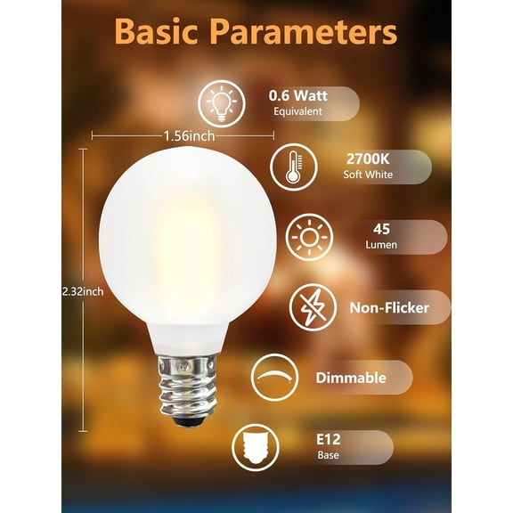 25 Pack G40 LED Globe Frosted Light Bulbs, Shatterproof Led Replacement Light Bulbs for Indoor Outdoor String Lights, E12 Screw Base 0.6watt, Warm White Christmas Decor