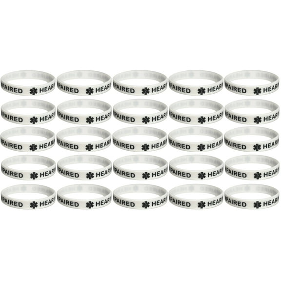 25 Pack "HEARING IMPAIRED" Medical Alert ID Silicone Bracelet Wristbands