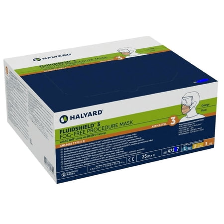 25 Pack Halyard 47147 FluidShield ASTM 3 Fog-Free Procedure Face Mask Exp 3/2025