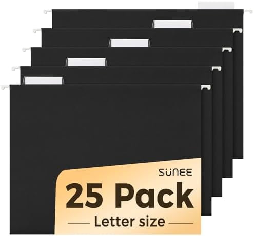 25 Pack Hanging File Folders, Black Folders, Hanging File Folders Letter Size with 1/5-cut Tabs, Stay Organized for Your Home and Office Bulk File and Documents