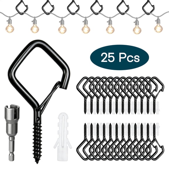 25-Pack Heavy-Duty Black Metal Screw Hooks with Safety Buckle for Hanging Outdoor String Lights Plants Birdhouses in Patio Bedroom Garage Includes Driver Tool and Anchors