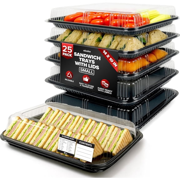 25 Pack Heavy-Duty Recyclable Plastic Serving Trays with Clear Lids  13.4 x 9.8 Inch Rectangular Food Platters for Buffet, Picnic, and Meal Prep