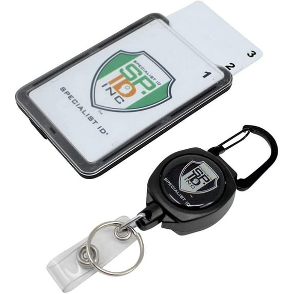 25 Pack - Heavy Duty Sidekick Carabiner Badge and Key Reel by Key-Bak with Three Card Polycarbonate ID Badge Holder by Specialist ID