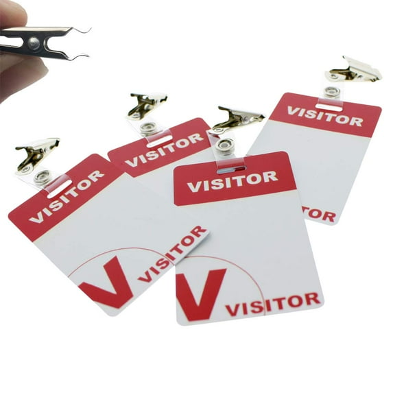 25 Pack - Heavy Duty Visitor Badges with Clips - Reusable & Re-Writable - Durable PVC Plastic Printed Guest Name Badge Pass for Visitors with Clothing Friendly ID Holder Clip, by Specialist ID