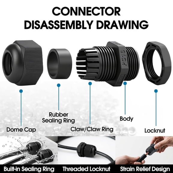 25 Pack IP68 Waterproof Nylon Cord Grip Connectors PG7 to PG16 for Wire Protection