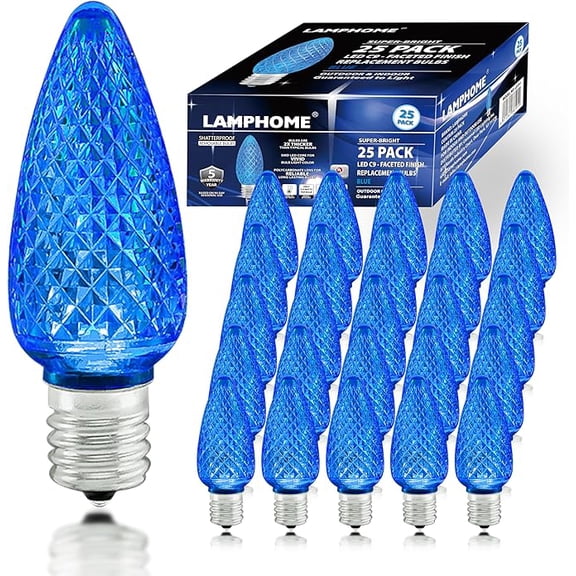 25-Pack LAMPHOME Faceted C9 Blue Christmas Bulbs, 0.9W E17 Intermediate Base Holiday Replacement Lights
