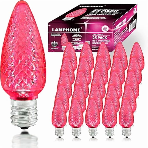 25-Pack LAMPHOME Faceted C9 Pink Christmas Bulbs, 0.9W E17 Intermediate Base Holiday Replacement Lights