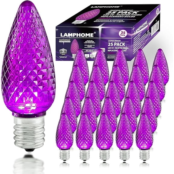 25-Pack LAMPHOME Faceted C9 Purple Christmas Bulbs, 0.9W E17 Intermediate Base Holiday Replacement Lights
