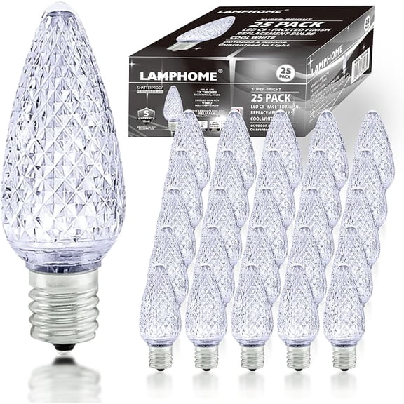 25-Pack LAMPHOME Faceted C9 White Christmas Bulbs, 0.9W E17 Intermediate Base Holiday Replacement Lights