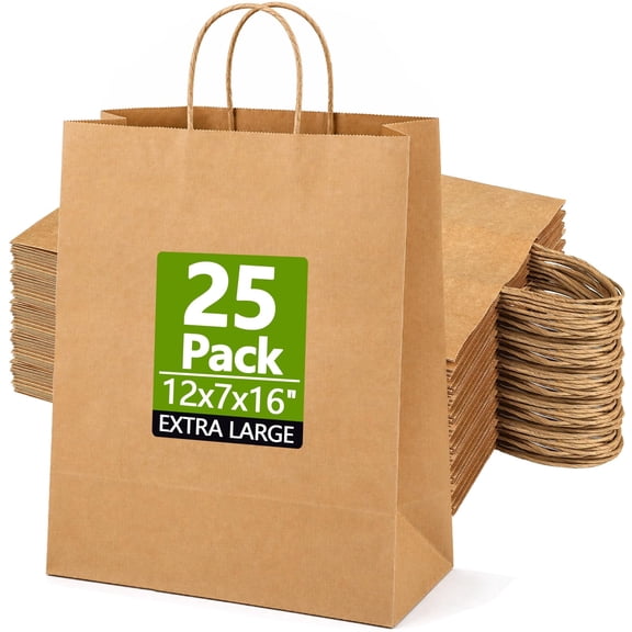 25 Pack Large Brown Kraft Paper Bags with Handles, 12"x7"x16" Reusable Gift Bags for Mother’s Day, Birthday, Wedding, Party, Retail & Grocery Shopping